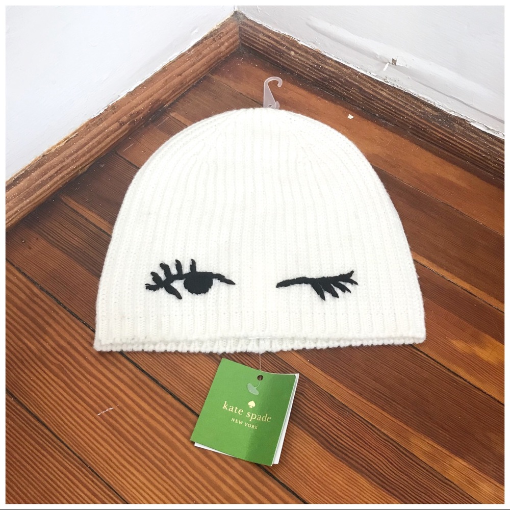 Kate Spade White Winking Wool Blend Knit Beanie - Picture 1 of 5